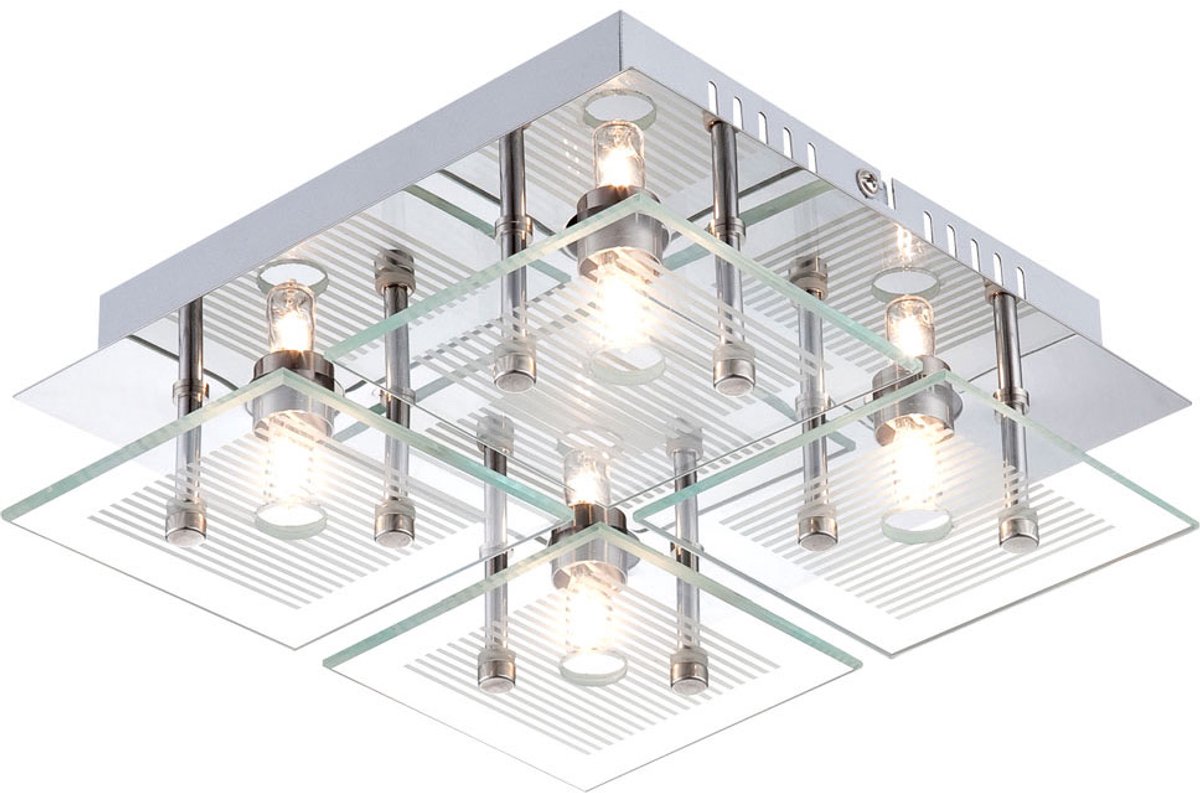 Woonkamerlamp plafondlamp eetkamerlamp, 4 vlammen, glas chroom wit helder gestreept, G9 fitting, LxBxH 21x21x7cm