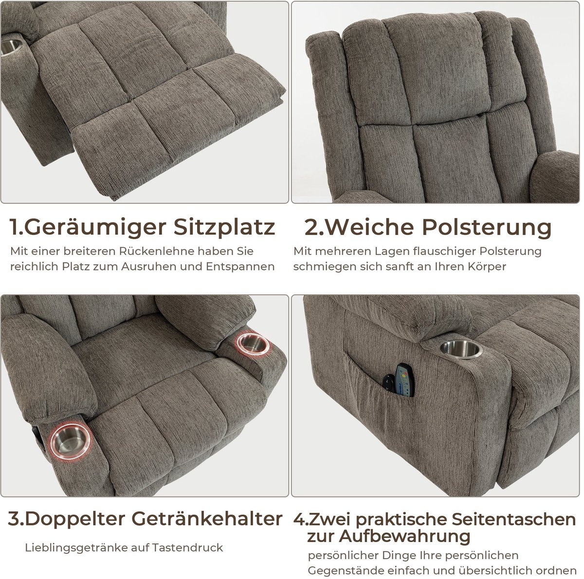 Merax Elektrische Sta-op Stoel met Massage en Verwarming - Relaxfauteuil Senioren met Liftfunctie en Voetensteun - Verstelbare Massage Stoel met Bekerhouder en Opbergvakken - Lichtbruin