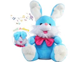 Interactief Knuffeldier Haas - Zingend Konijn Speelgoed - Kinderen Leren Praten - Peek-a-boo Oor Spel - 30 cm Hoog - Blauw