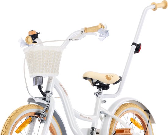 Flower Bike Fiets voor een meisje van 4 tot 6 jaar, 16 inch Wit Beig, met fietsbel, zijwieltjes, duwstang en stuurmandje van Popal — afbeelding 3