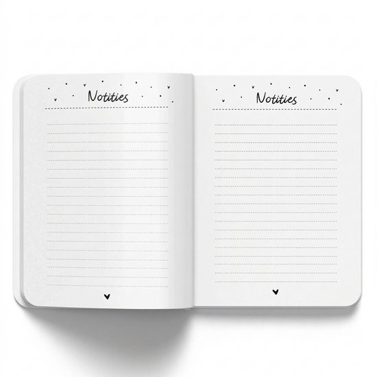 Open notitieboekje met blanco, gelinieerde pagina's en de titel 'Notities'.
