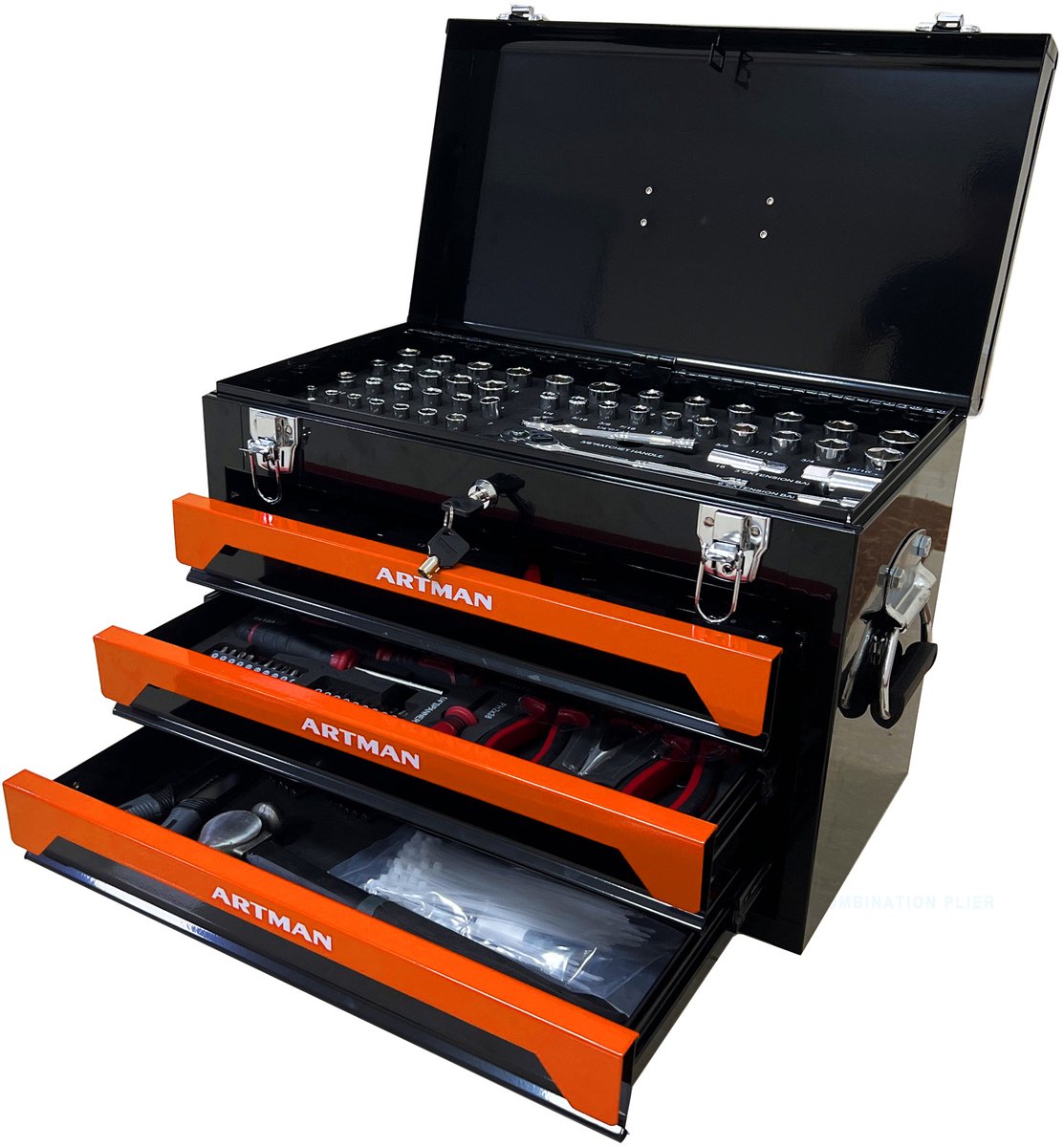Gereedschapskoffer 50 X 27 X 35 Cm Met 3 Laden Staal Zwart Oranje Metalen Sluitingen Draaggreep Voor Overzichtelijke Opberging