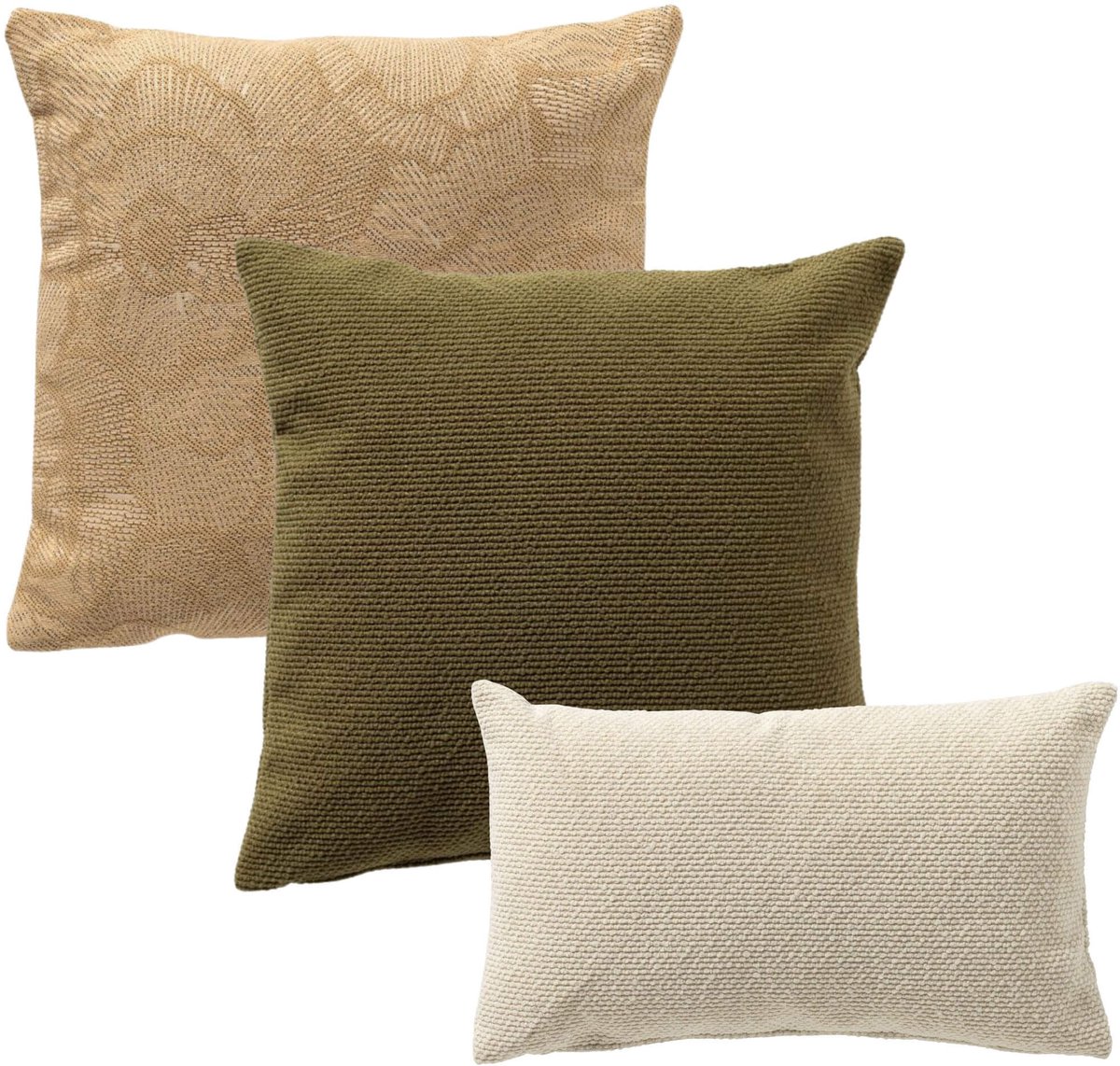 Dutch Decor KUSSENSET - 3-delig - Natural Plains - 45x45 cm, 30x50 cm - inclusief binnenkussens - groen, beige - Met Ritssluiting – Decoratie set sierussens - Comfortabele kussentjes voor op de Bank