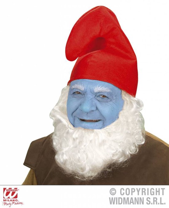 Een man met een rood kaboutermutje, blauw gezicht, witte baard en wenkbrauwen.