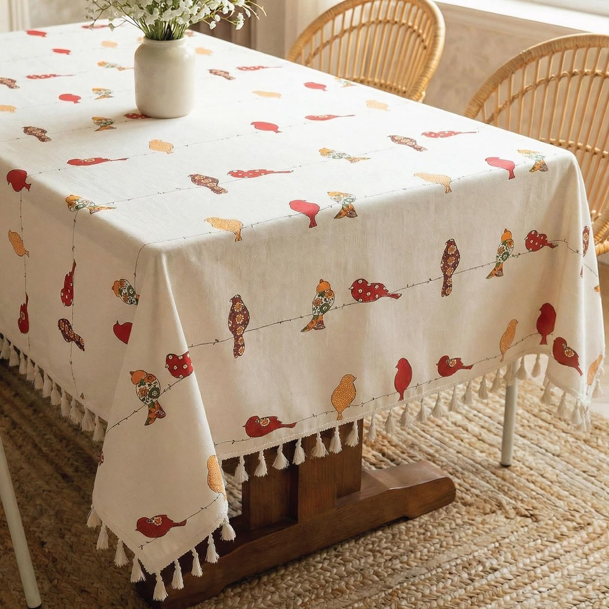 Tafelkleed Katoen - Eettafelhoes Bedruk - Centrum Tafel - Boho Franjes - 52x92 Inch - Geel Ster