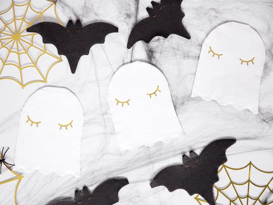 Witte spookservetten met gouden oogjes, tussen zwarte vleermuizen en gouden spinnenwebben.