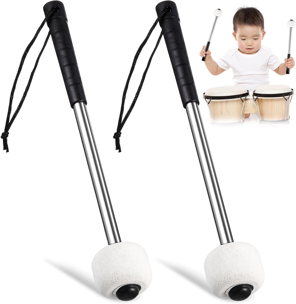 2 Stuks Marsh Drum Stokken met Viltkop en RVS Handvat voor Basdrum en Percussie Spelletjes