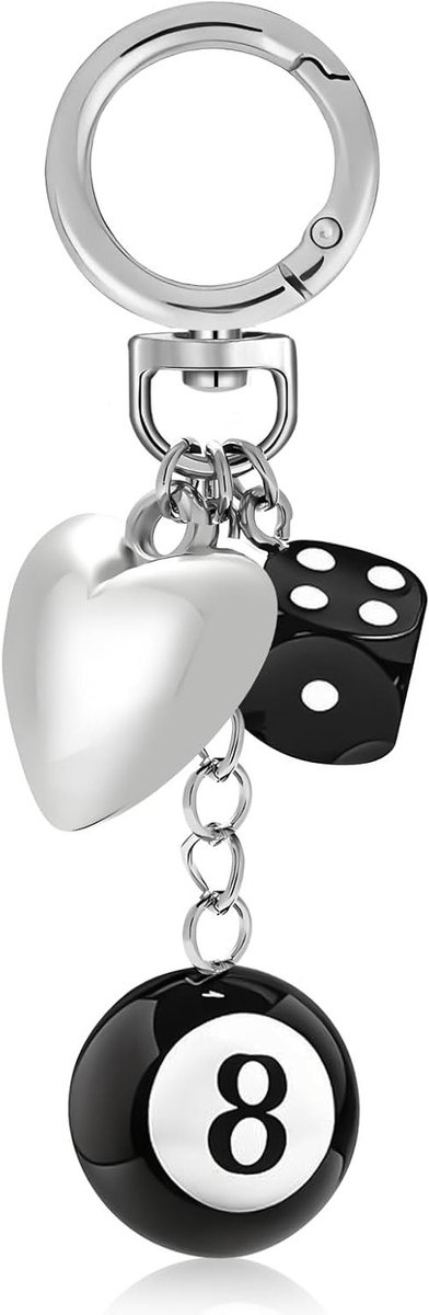 Schattige 8 Ball Sleutelhanger met Zwarte Dobbelstenen en Zilveren Hart | Leuke Accessoires en Cadeaus voor Vrouwen, Perfect voor Handtas of Rugzak, Billiard en Sport Souvenirs