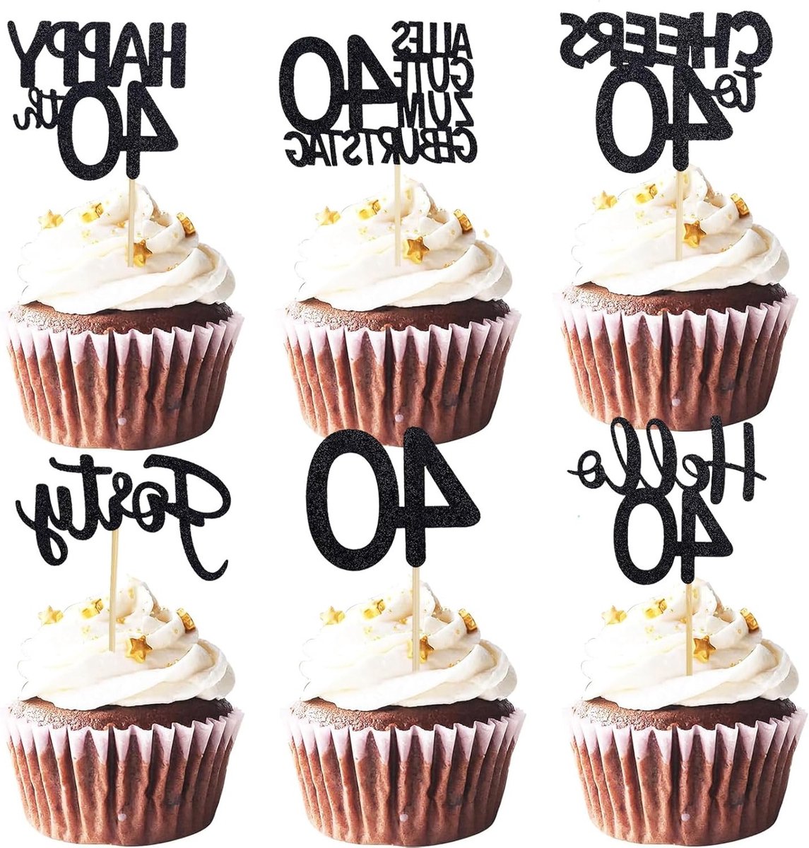Cupcake Topper voor Verjaardag - Zwarte Decoratie voor Feestjes en Taarten, 40 Jaar Feest