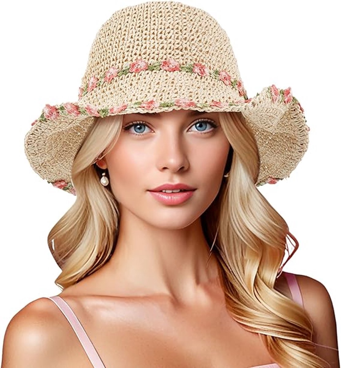 Ulisem - Zonnehoed - Dames Vissershoed - Opvouwbaar en Lichtgewicht - Ademend - 60 cm Hoofdomtrek - 8.5 cm Rand - Voor Strand en Tuin - Handgeweven Papyrus - Roze Borduursel