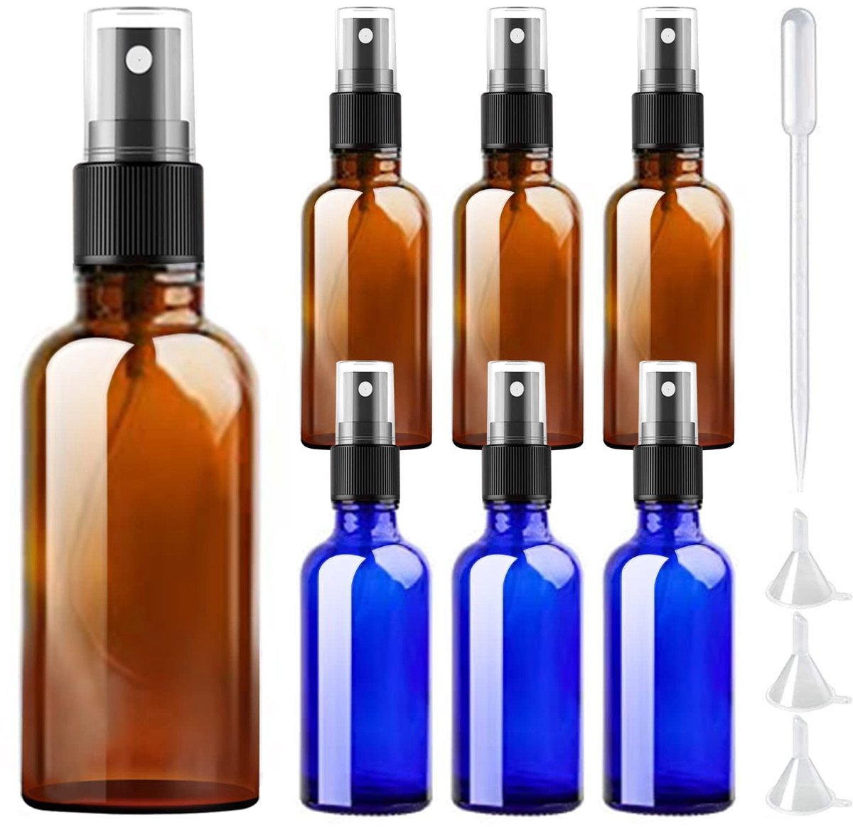 aladdien - Glazen Spuitflessen - Cosmetische Verstuiver - Compacte Set van 6 - 50 ml - UV-veilig Bruin en Blauw - Herbruikbaar - Ideaal voor Reis