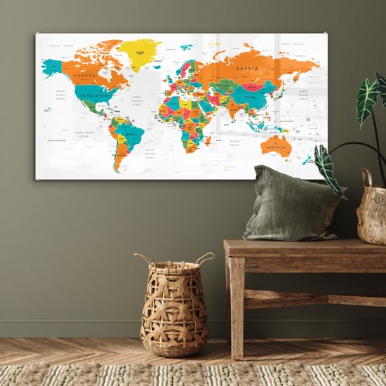 MuchoWow® Peinture sur verre 120x60 cm - Peinture sur verre acrylique - Wereldkaart Enfants - Terre - Topographie - Photo sur verre - Peintures