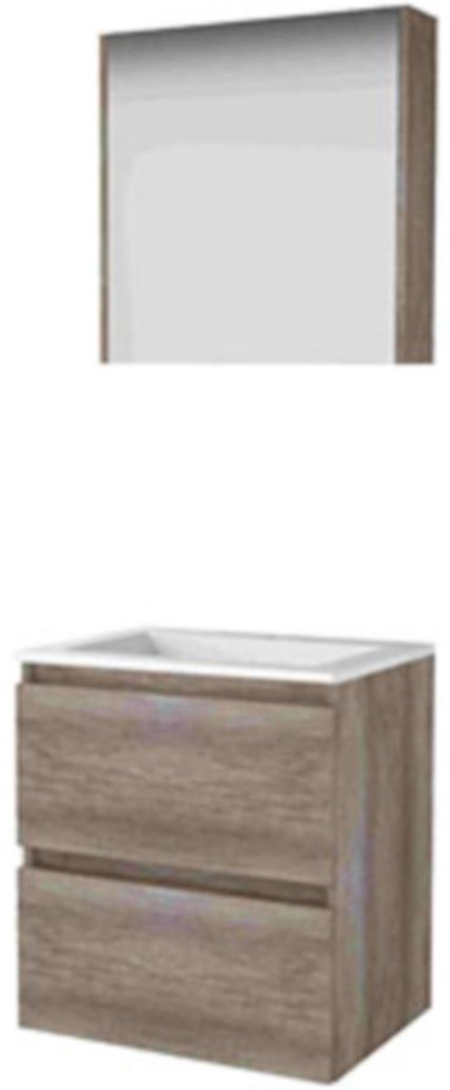 Basic-Line Comfort 46 Badkamermeubelset - 60 x 46 cm - Greeploos - 2 Lades - Acryl Wastafel - 1 Kraangat - Spiegelkast - Scotch Oak