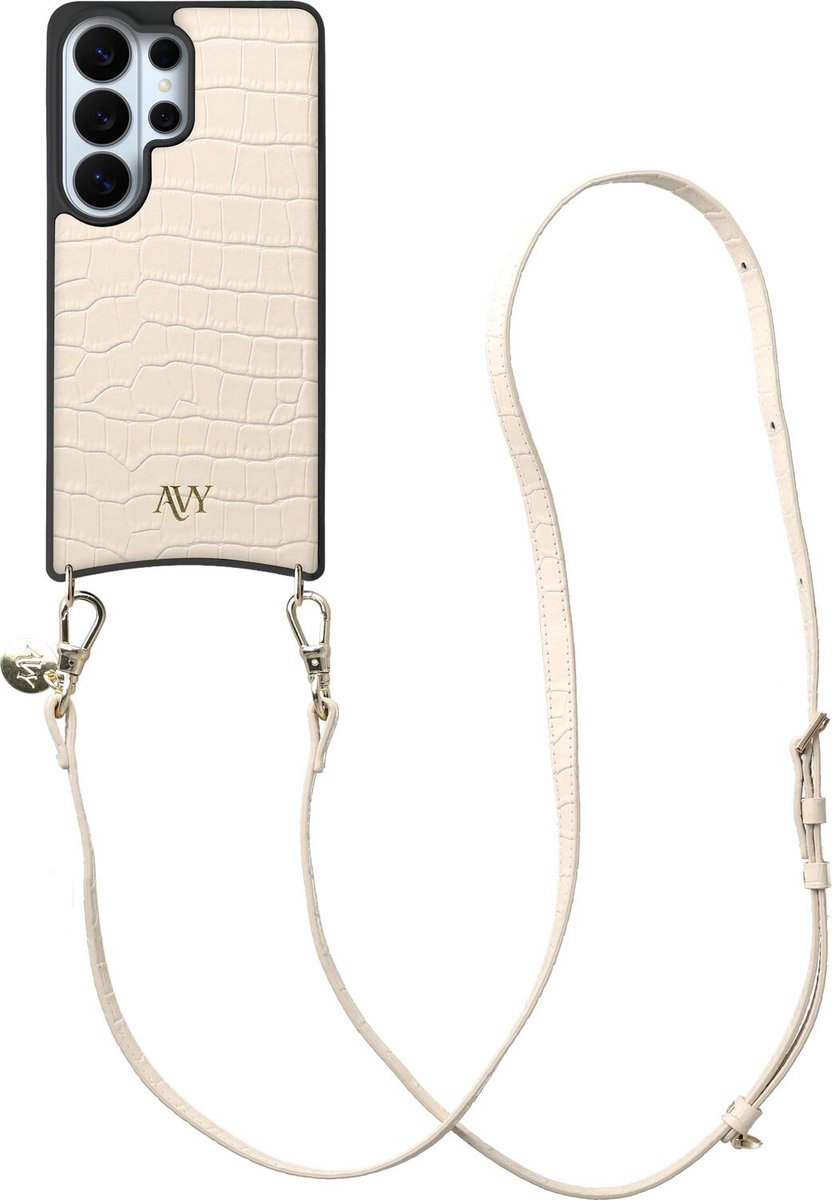 AVY Leren Hoesje Geschikt voor Samsung Galaxy S26 Ultra | Compatibel met MagSafe | Leather Case met Telefoonkoord | Crossbody | Croco Beige | Long Leather