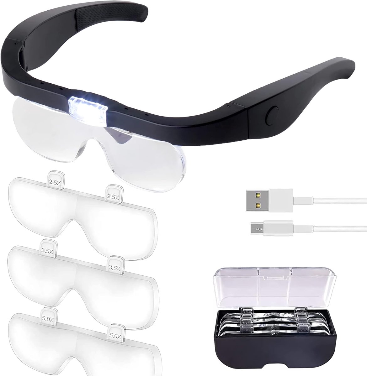 Oplaadbare Vergrootbril met Licht - Handsfree Hoofdmodel - Geschikt voor Juweliers - Wimperverlenging - Horlogereparatie en Precisiewerk - Inclusief 4 lenzen (150%/250%/350%/500%）