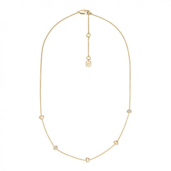 Gouden collier met afwisselend hartjes en bloemvormige bedeltjes bezet met steentjes, met sluiting en verlengketting.