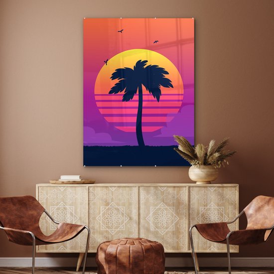 MuchoWow® Peinture sur verre 90x120 cm - Peinture sur verre acrylique - Palmier - Silhouette - Été - Photo sur verre - Peintures