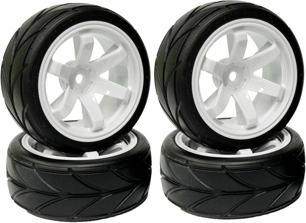 KINGCOO RC Autobanden en wielenset, 4 stuks 64 mm rubberen banden en 6 spaken velgen kunststof wielen 12 mm Hex voor 1/10 RC On-Road Run-Flating Touring Racing Auto (wit)
