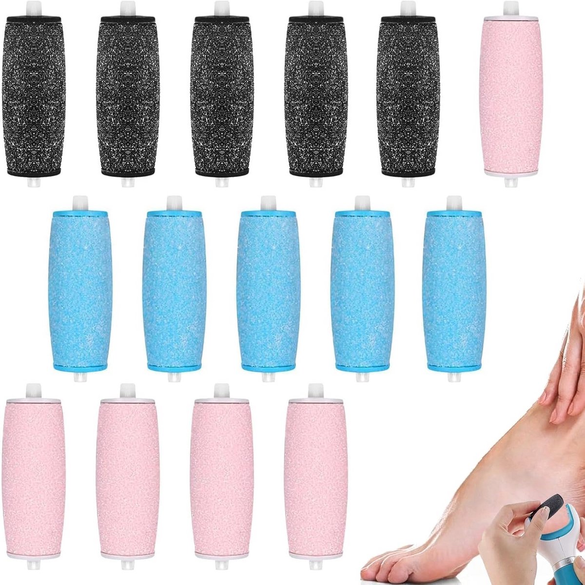 15 stuks eeltverwijderaar, reserverollen, eeltverwijderaar, reserverollen, set (5 blauw, 5 roze, 5 zwart) voor eeltverwijderaar en pedicurerollen
