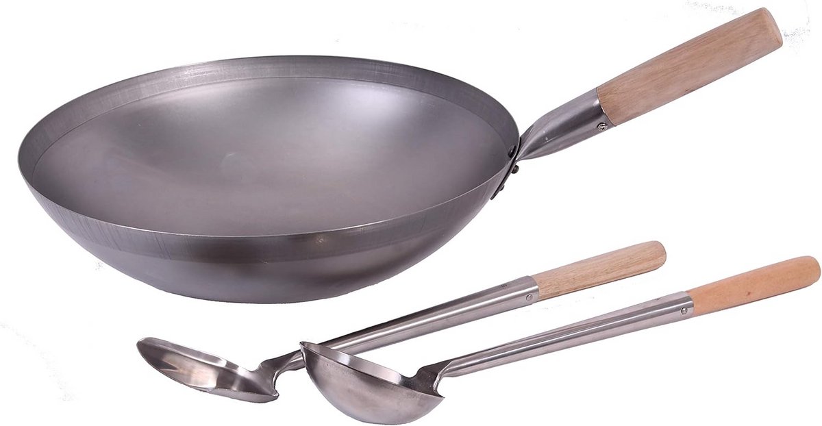 Wokset 33 cm rond bodem carbonstaal inclusief spatel en kelle roestvrijstaal houten handgreep geschikt voor gas en inductie