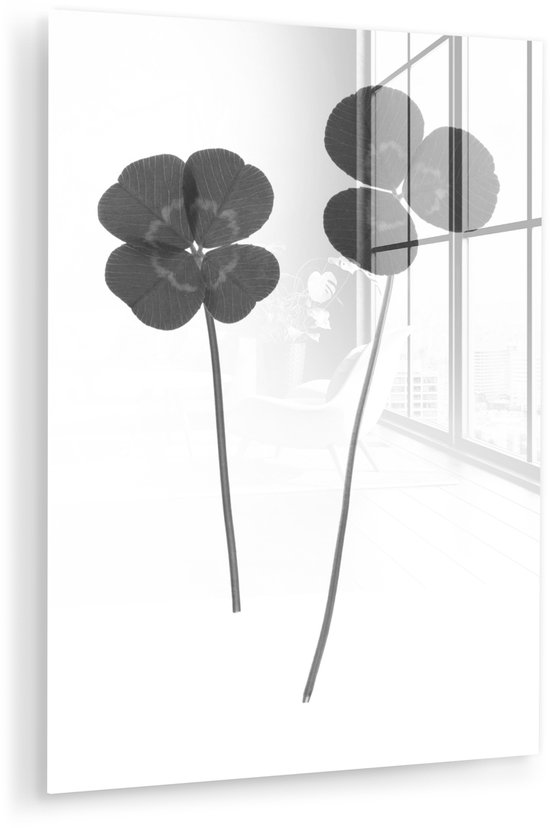 Peinture sur verre - Trèfle à Klavertje vier feuilles et trèfle à trois feuilles - noir et blanc - 90x120 cm - Peintures sur Verre Peintures - Photo sur Glas