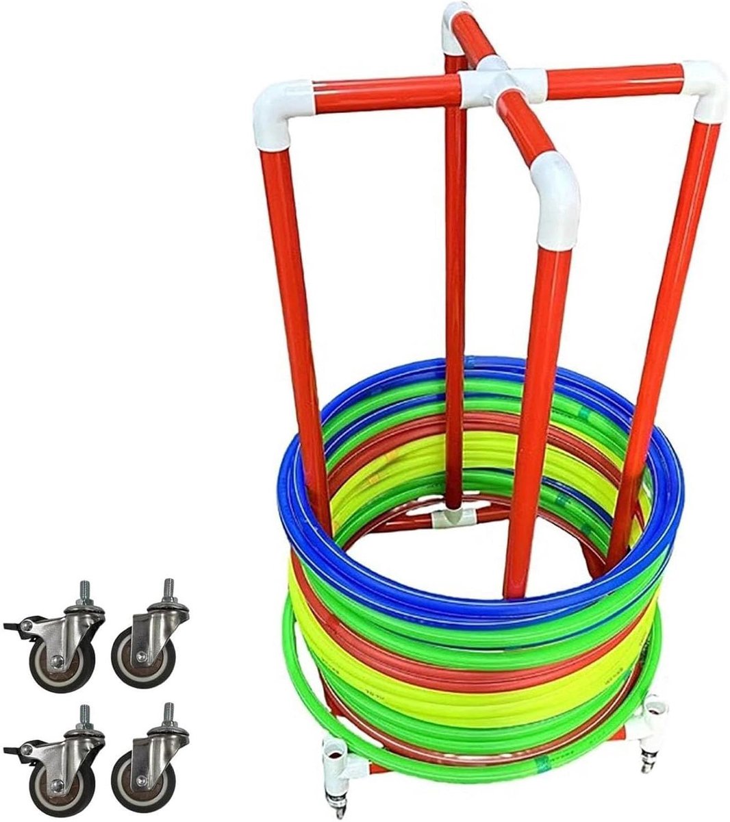 Hoepel Opbergrek - Fitness Organizer - Sportmateriaal Opbergen - Met Verrijdbare Wielen - 35 cm Breed - Rood en Wit