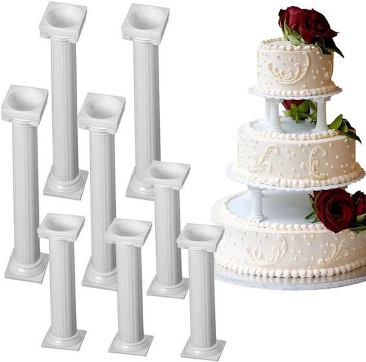 Set van 8 witte kunststof taartzuilen voor decoratie bruiloft verjaardag