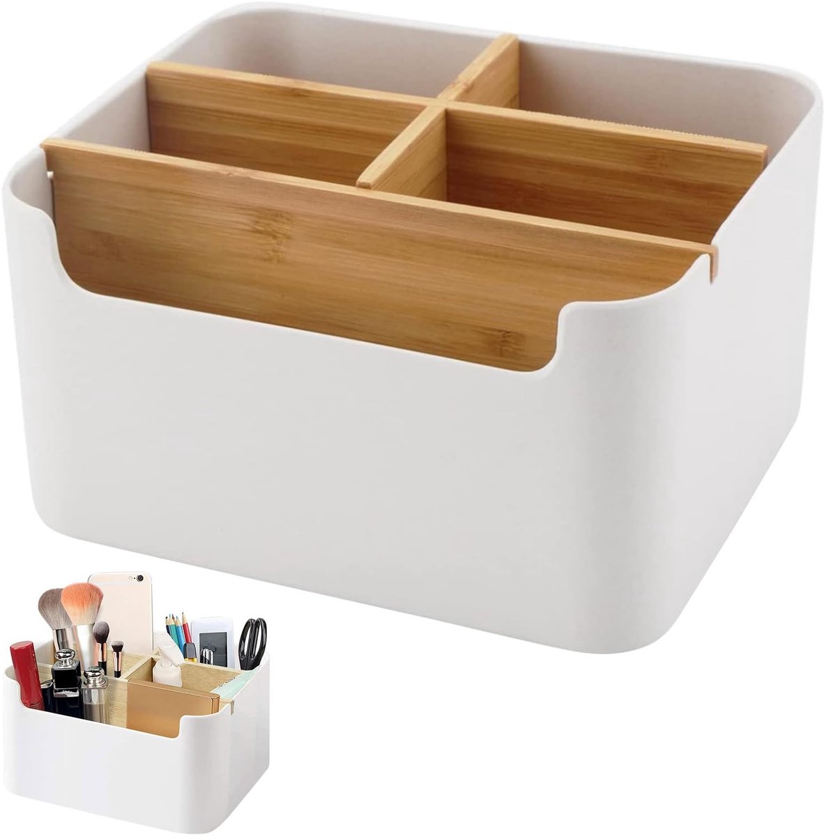 aladdien - Bureau-organizer - Bamboe opbergdoos - 5 vakken - Wit - Pennenhouder - Perfect voor kantoor en thuis - Praktische organizer