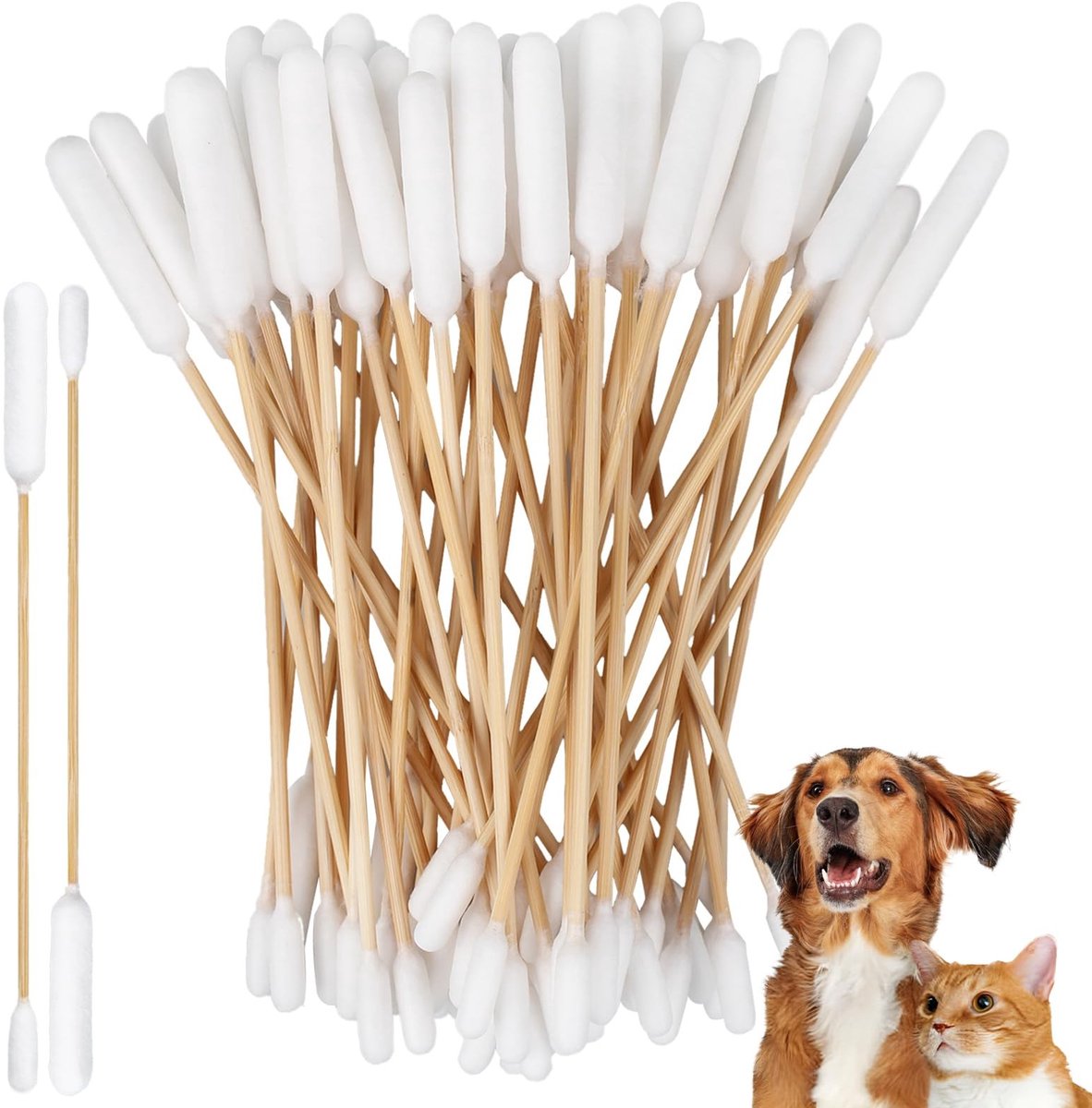 aladdien - Pet Cotton Swabs - Honden en katten - Dubbelzijdige houten wattenstaafjes - 50 stuks - 15 cm - Veilig en effectief - Voor verzorging