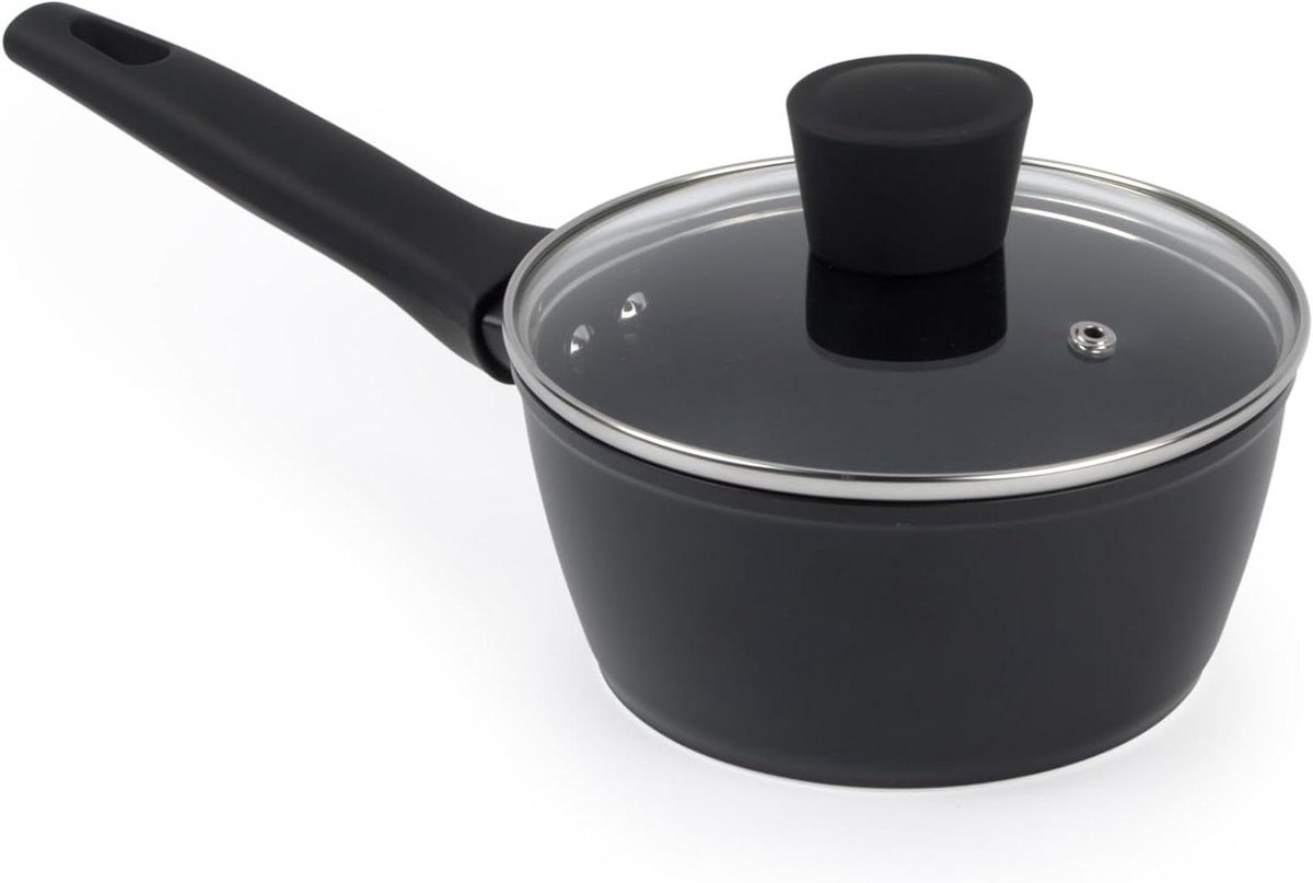 Steelpan met Deksel - Kookpan Klein - Gezond Koken - Intelligente Temperatuur Indicator - 16 cm - Zwart