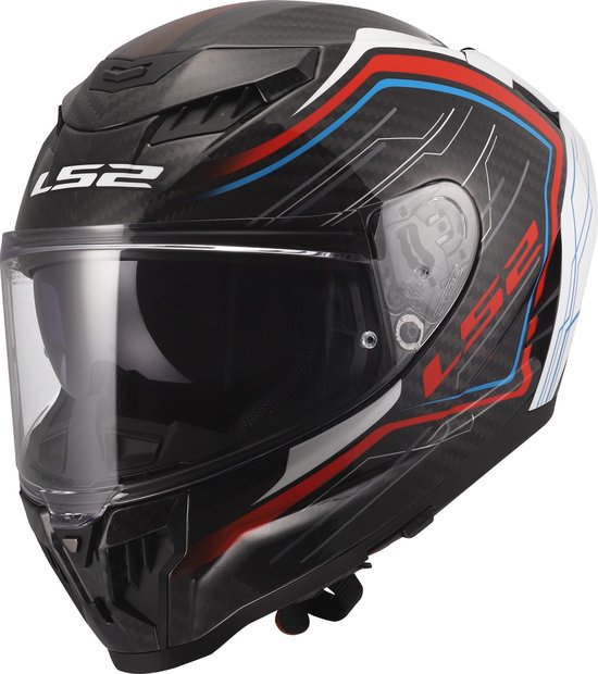 Casque intégral noir avec finition carbone, lignes blanches, rouges et bleues, et logo LS2.