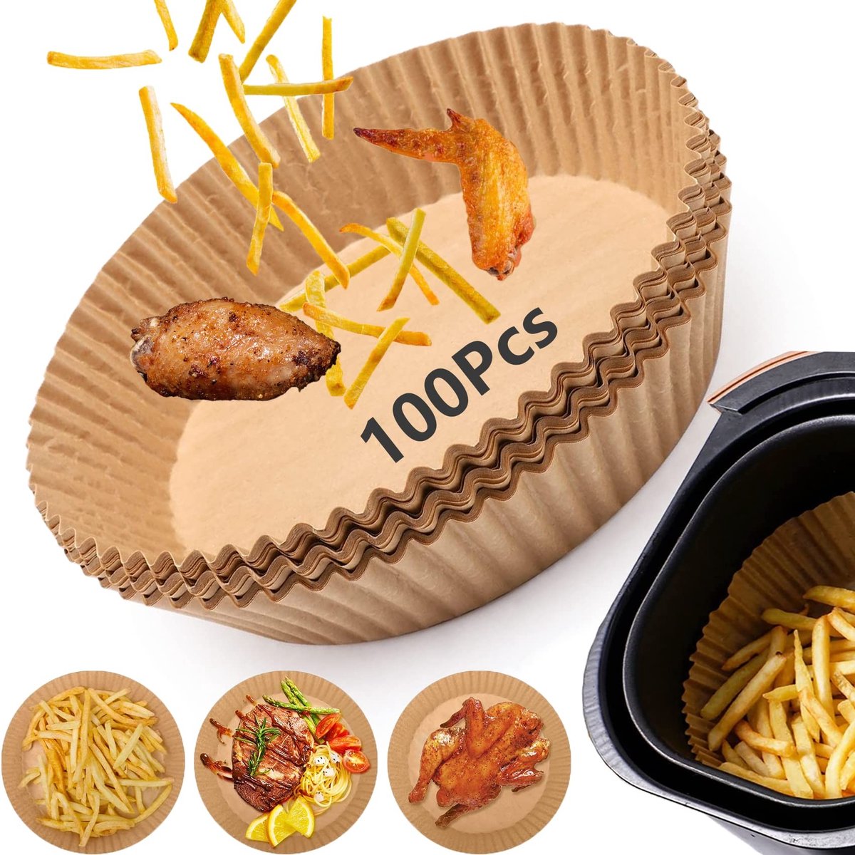 Allecto - Air Fryer Papier Liner - 100 Stuks - Oliebestendig en Waterbestendig - 6.3 Inch - Perfect voor Air Fryers en Magnetrons - Wegwerp Liner