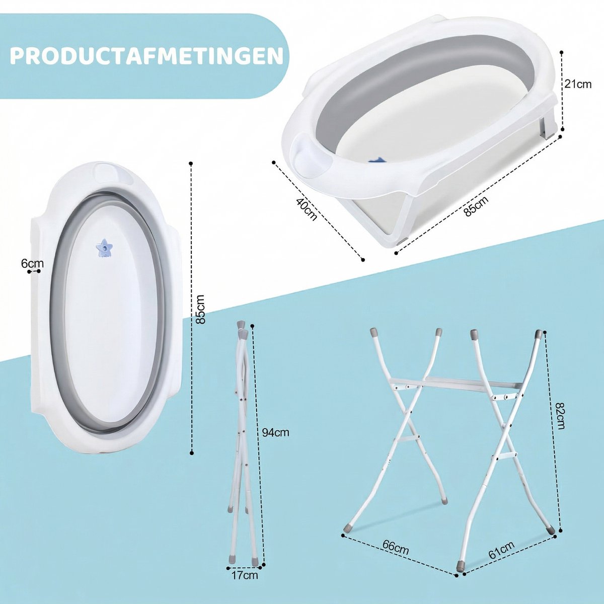 Opvouwbare Babybadkuip met IJzeren Standaard 66x61x82 cm – Ergonomisch op Staande Hoogte Geen Gebukt Staan Meer – Inklapbaar tot 17 cm – Inclusief Afvoerslang & Waterstop – Draagvermogen 35 kg – Voor Pasgeborenen & Baby s – TPR Bad – Grijs thumbnail 7