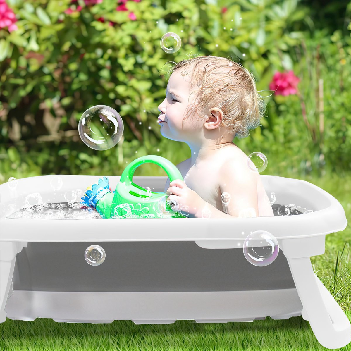 Opvouwbare Babybadkuip met IJzeren Standaard 66x61x82 cm – Ergonomisch op Staande Hoogte Geen Gebukt Staan Meer – Inklapbaar tot 17 cm – Inclusief Afvoerslang & Waterstop – Draagvermogen 35 kg – Voor Pasgeborenen & Baby s – TPR Bad – Grijs thumbnail 4