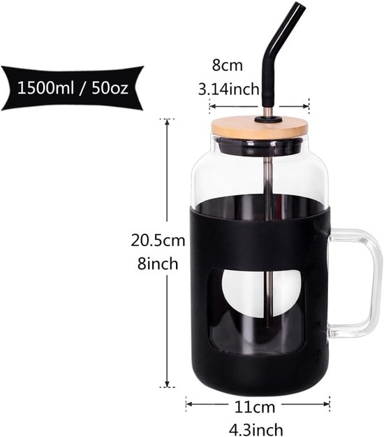 Glazen mok van 1500 ml - Hittebestendige siliconen waterfles - Met deksel, rietje en handvat - BPA-vrij, geschikt voor ijskoffie - Ook geschikt voor cold brew koffie, melkthee, smoothies en cocktails - Roze — afbeelding 5