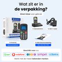 Inhoud van de verpakking: Protectly seniorentelefoon, oplaadstation, USB-C kabel en handleiding.