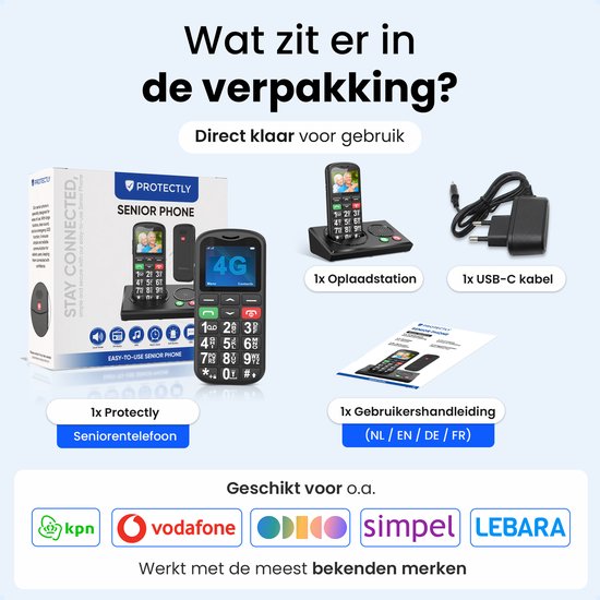 Inhoud van de verpakking: Protectly seniorentelefoon, oplaadstation, USB-C kabel en handleiding.