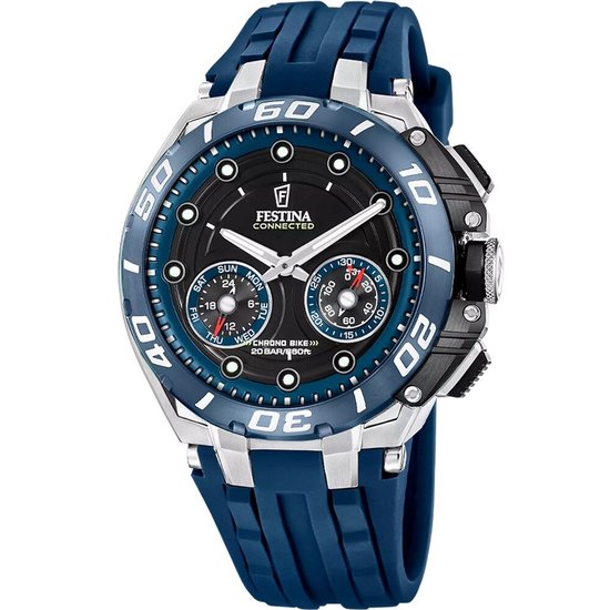 Zwart Festina Chrono Bike herenhorloge met een blauwe lunette, zilverkleurige kast en donkerblauwe band.