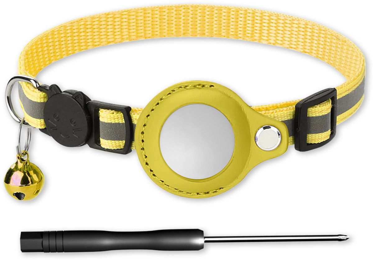 LUQ – Kattenhalsband Geel met Airtag Houder – Reflecterend & Verstelbaar – Met Belletje – Premium Nylon