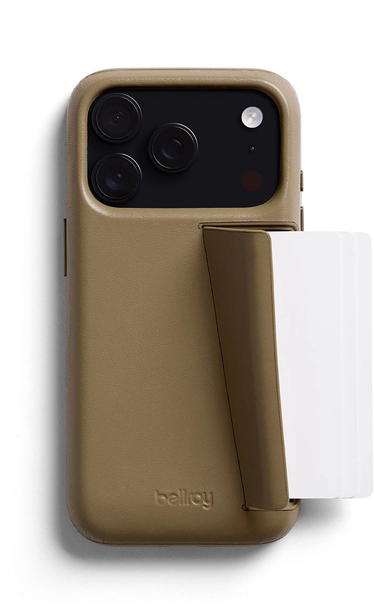 Bellroy 3 Card Portemonnee Hoesje iPhone 17 Pro – Opslag voor Maximaal 3 Kaarten – Functie van Telefoonstandaard – Verborgen SIM-kaartslot - Beige