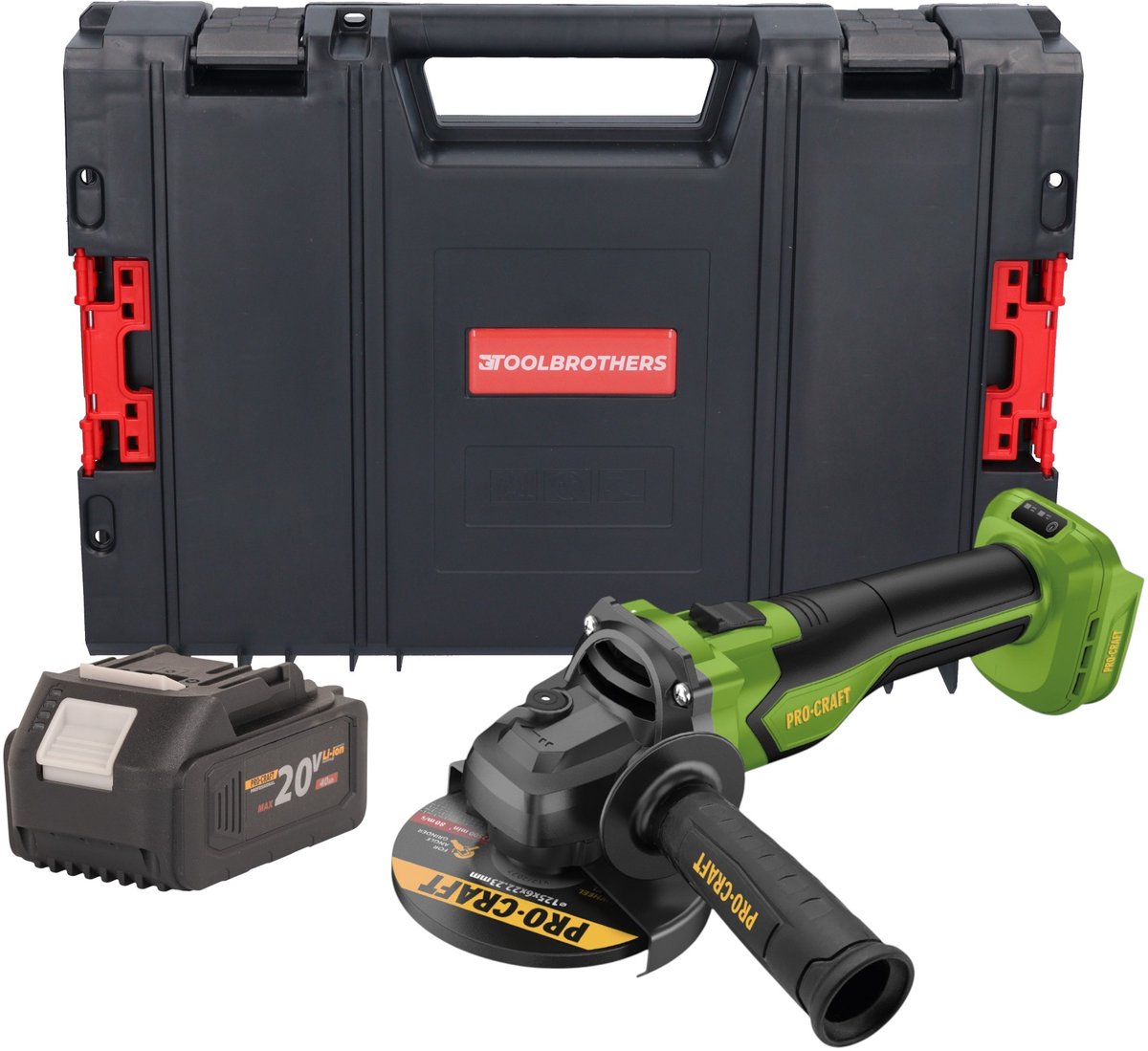 Procraft PGA22-BB accu haakse slijper 20 V 125 mm borstelloos + 1x accu 4,0 Ah + RHINO gereedschapskoffer - zonder oplader