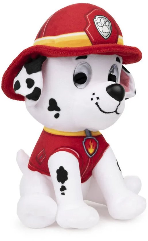 Zachte Marshall van Paw Patrol met rode helm en reddingsvest, zittend.