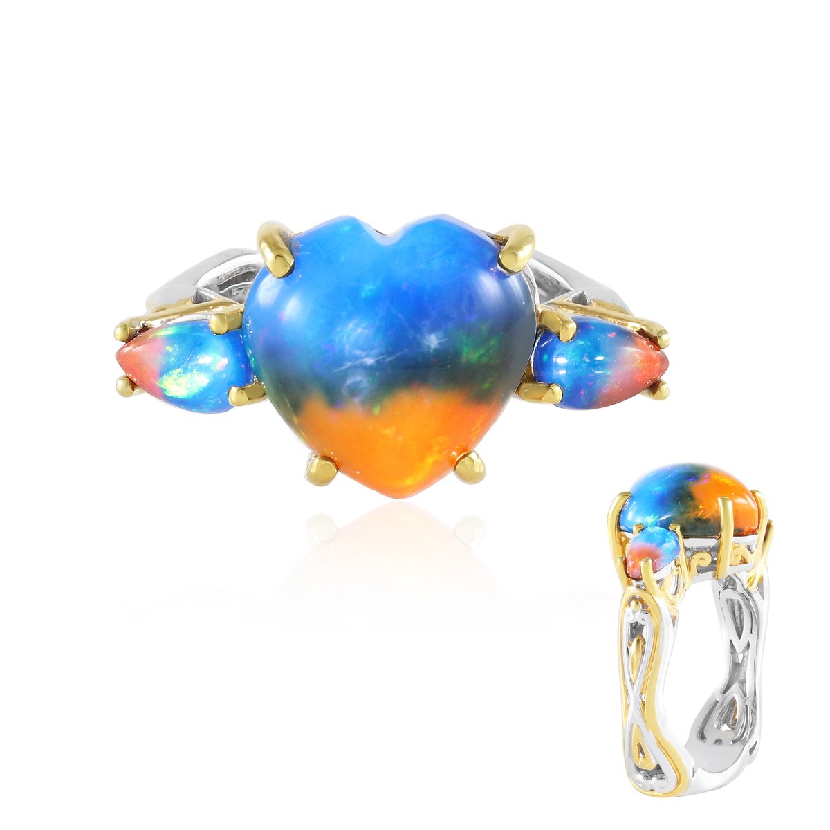 Cavill - Zilveren Ring - 925 Sterling Zilver Palladium - 4,41 Ct Tweekleurige Ethiopische Opaal - Hartvormige Cabochon - Elegante Ring Dames