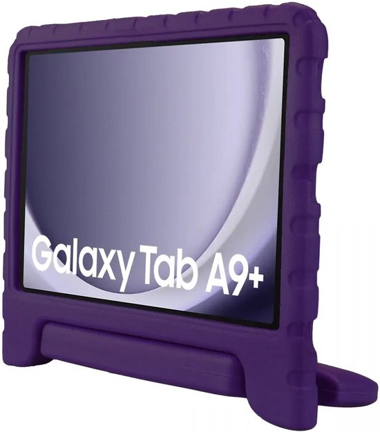 Paarse Happy Case hoes voor Samsung Galaxy Tab A9+ met ingebouwde standaard, van voren gezien.