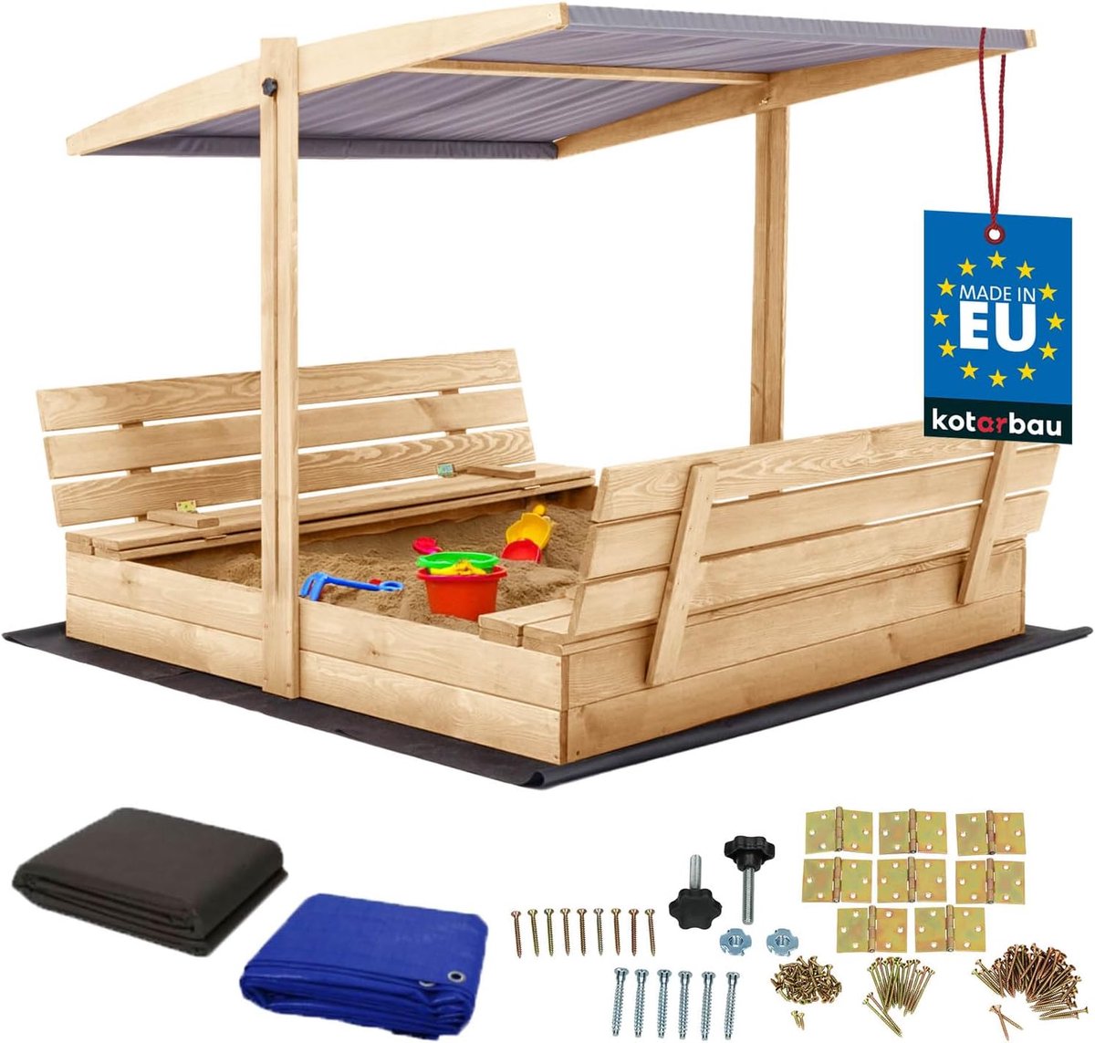 Houten Zandbak - Speelhuisje Buiten - Kinderen Spelen - Met Bankjes en Dak - 140 x 140 cm