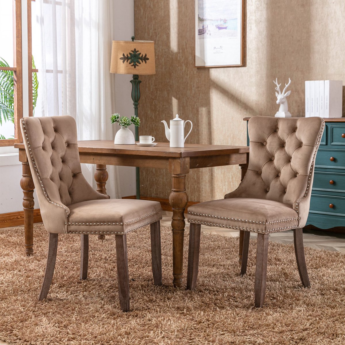 Pugsdrly Collectie Modern, hoogwaardige getufte eikenhouten eetkamerstoel met fluwelen bekleding, houten poten en spijkerkopversiering, set van 2 stuks, kaki