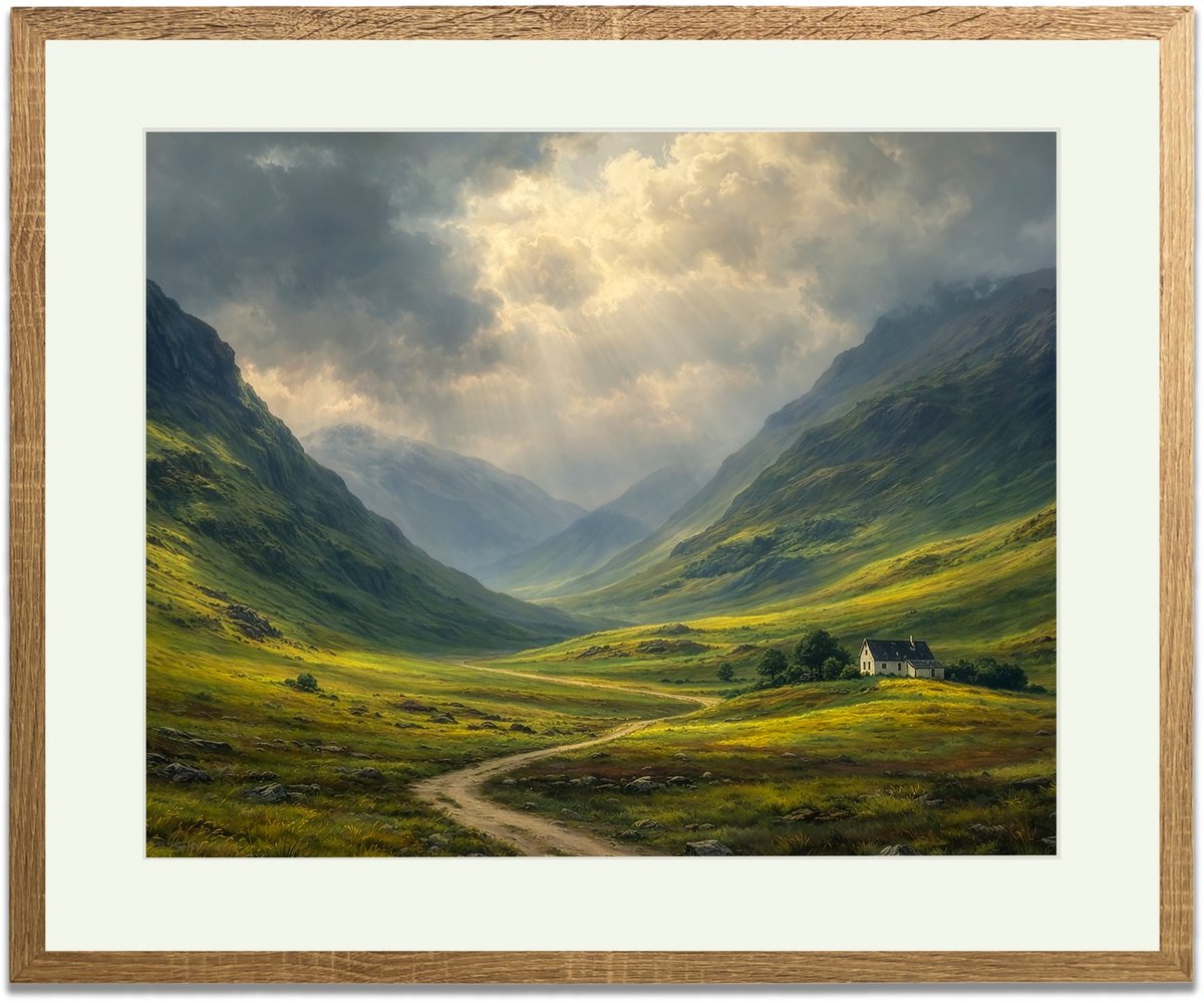 Schots landschap - Ingelijste Muurkunst - 63x53cm lichtbruin frame - Glasplaat en Passe-partout - Museum kwaliteit print