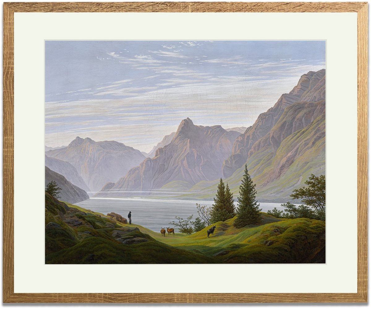 Landschap met bergmeer (Caspar David Friedrich) - Ingelijste Muurkunst - 63x53cm lichtbruin frame - Glasplaat en Passe-partout - Museum kwaliteit print