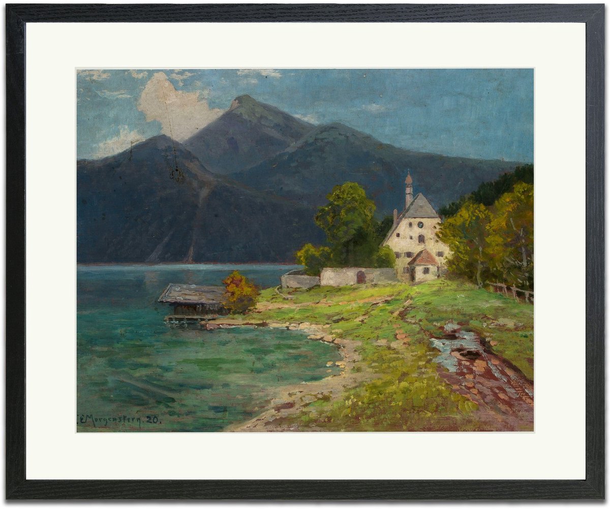 Berglandschap met meer (Christian Ernst Bernhard Morgenstern) - Ingelijste Muurkunst - 63x53cm zwart frame - Glasplaat en Passe-partout - Museum kwaliteit print