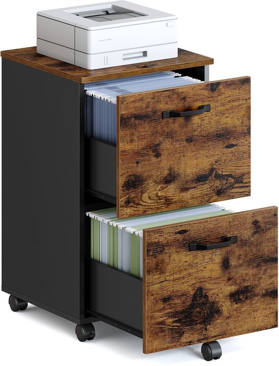 Een archiefkast met 2 lades met verweerd houtmotief en zwarte handgrepen, met wielen, met een printer erop. De lades zijn gevuld met mappen.